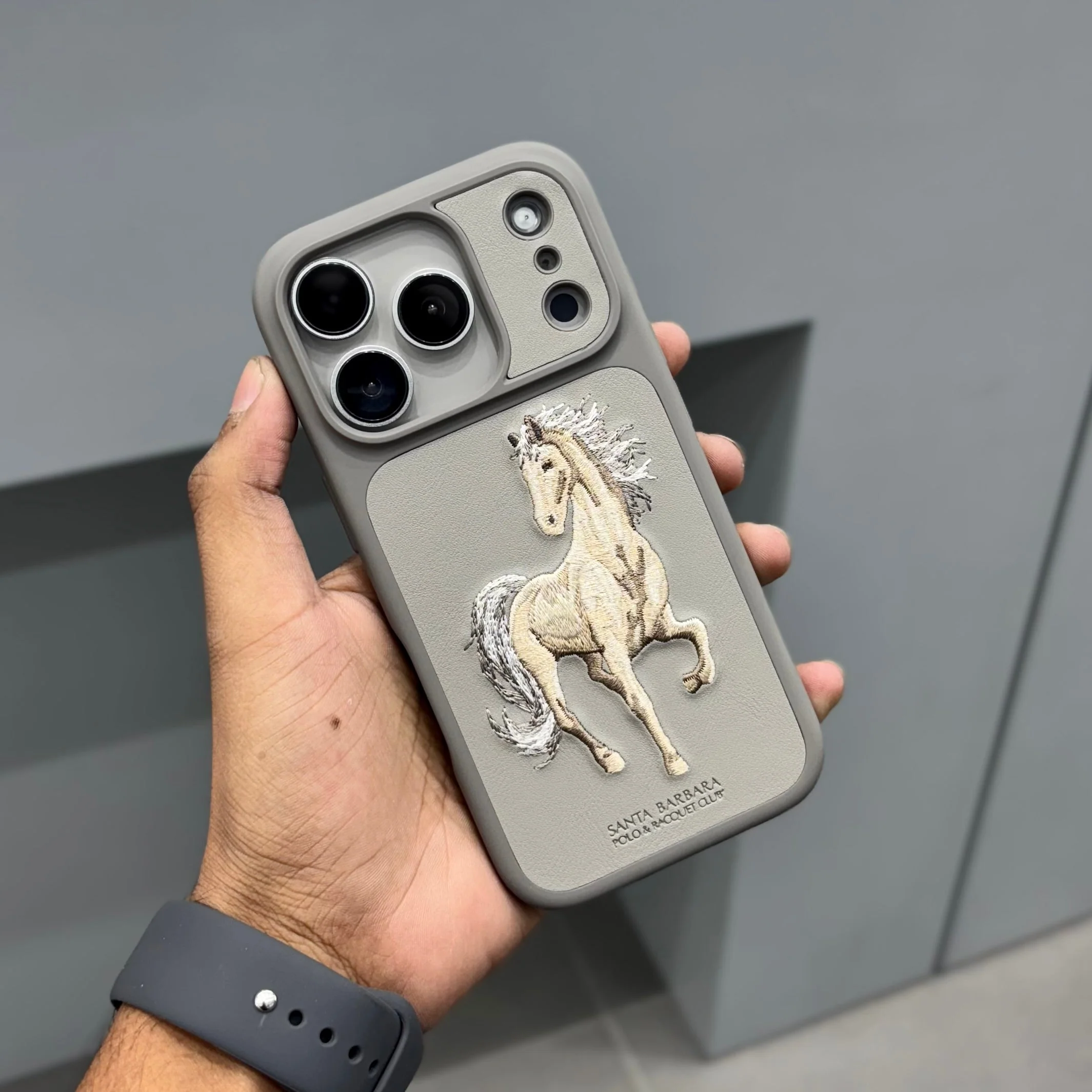 iPhone 17 Pro Genuine Leather Original Santa Barbara Polo Club Boris Series Back Cover - Grey