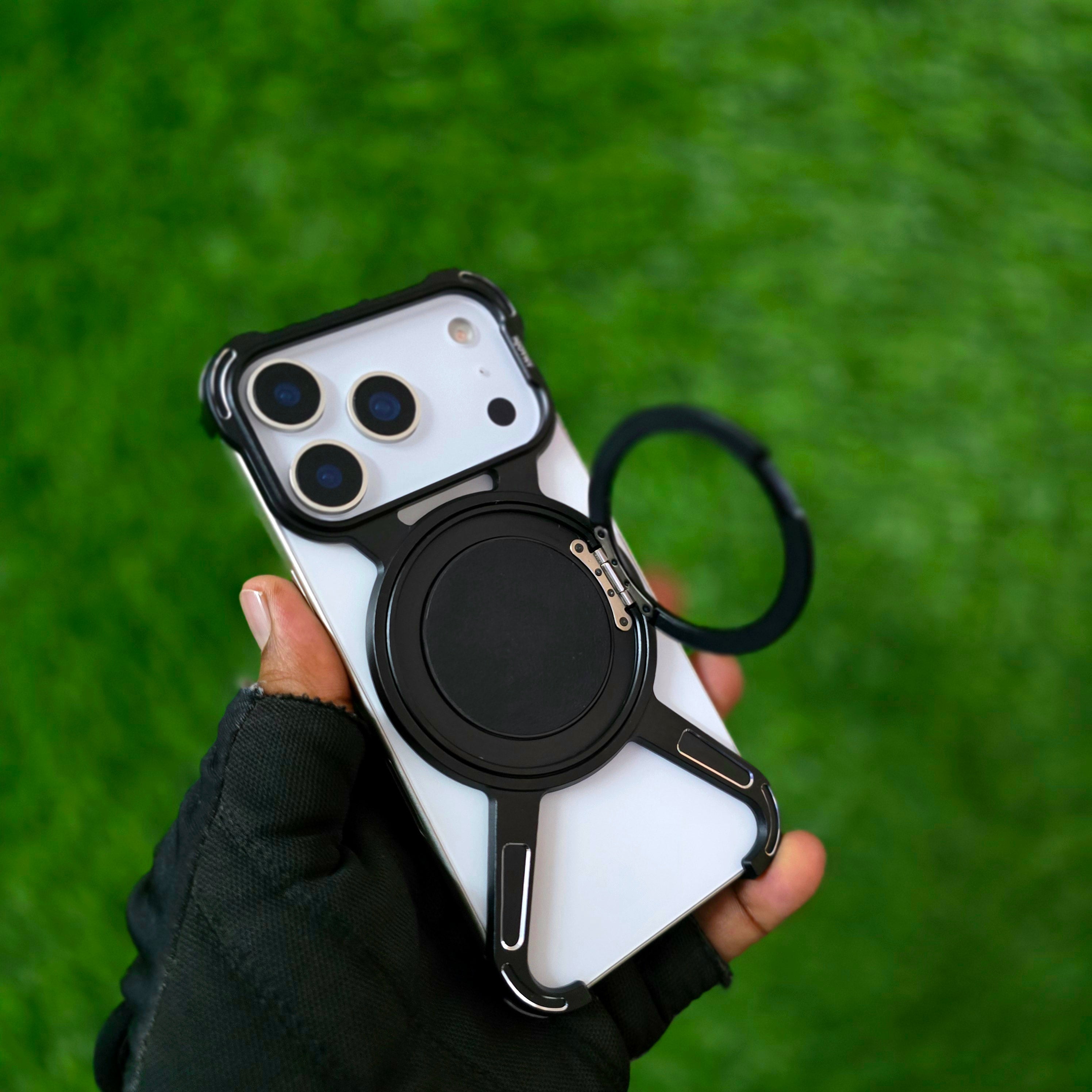 iPhone 17 Pro Metal X-Shape Frameless Bumper Case 360° Rotatable Stand with Magsafe - Black