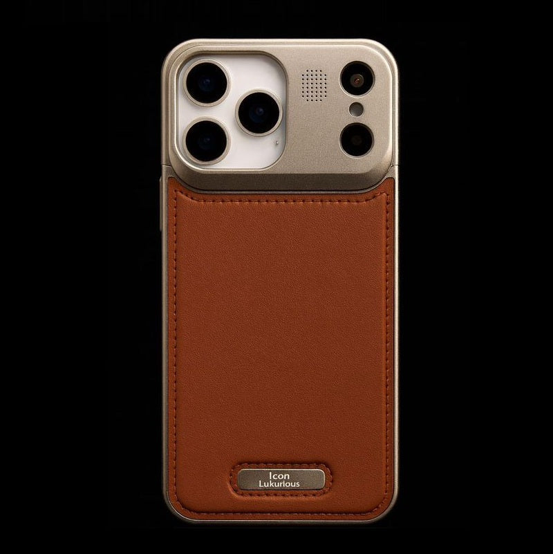 iPhone 17 Pro Metal Case, AeroFLex Aluminum + Leather Case with Aroma Perfume Cover with Magsafe - Brown