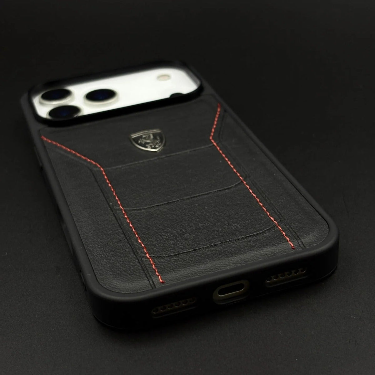 iPhone 17 Pro Max Leather Cover Ferrari Sports Stitched Leather Case - Black
