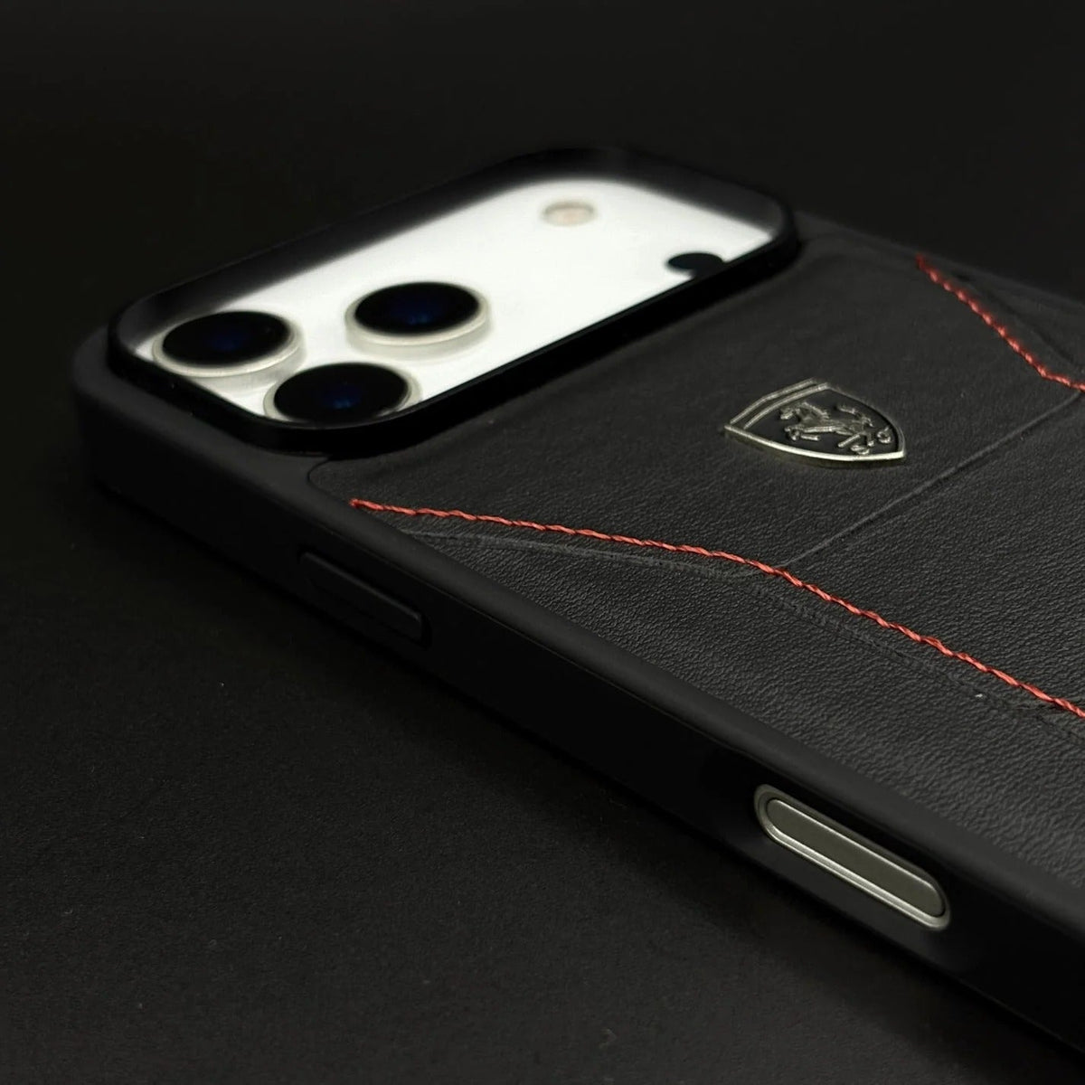 iPhone 17 Pro Max Leather Cover Ferrari Sports Stitched Leather Case - Black