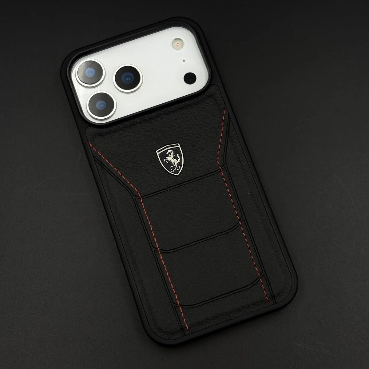 iPhone 17 Pro Max Leather Cover Ferrari Sports Stitched Leather Case - Black