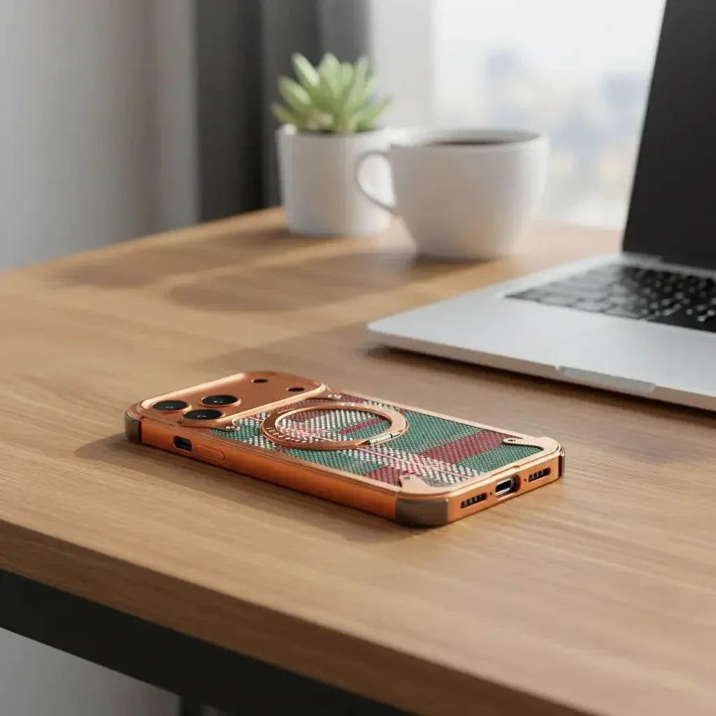 iPhone 17 Pro Max Titan Carbon Metal Frame Case with 360 Roatating Ring