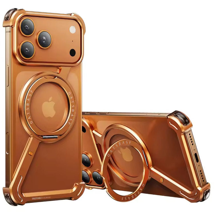 iPhone 17 Pro Max Z Shape Frameless Metal Bumper Case with 360° Rotatable Stand & Magsafe - Orange