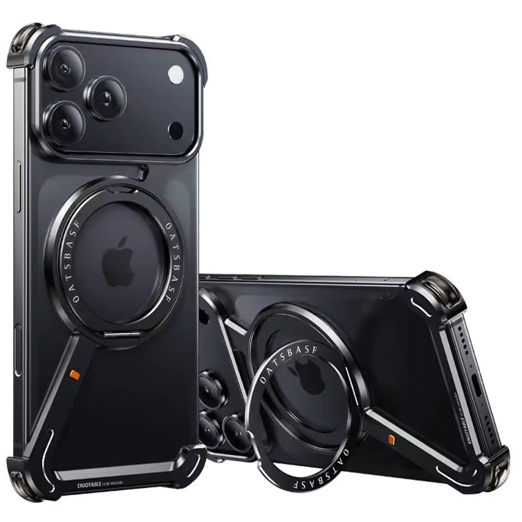 iPhone 17 Pro Z Shape Frameless Metal Bumper Case with 360° Rotatable Stand & Magsafe - Black