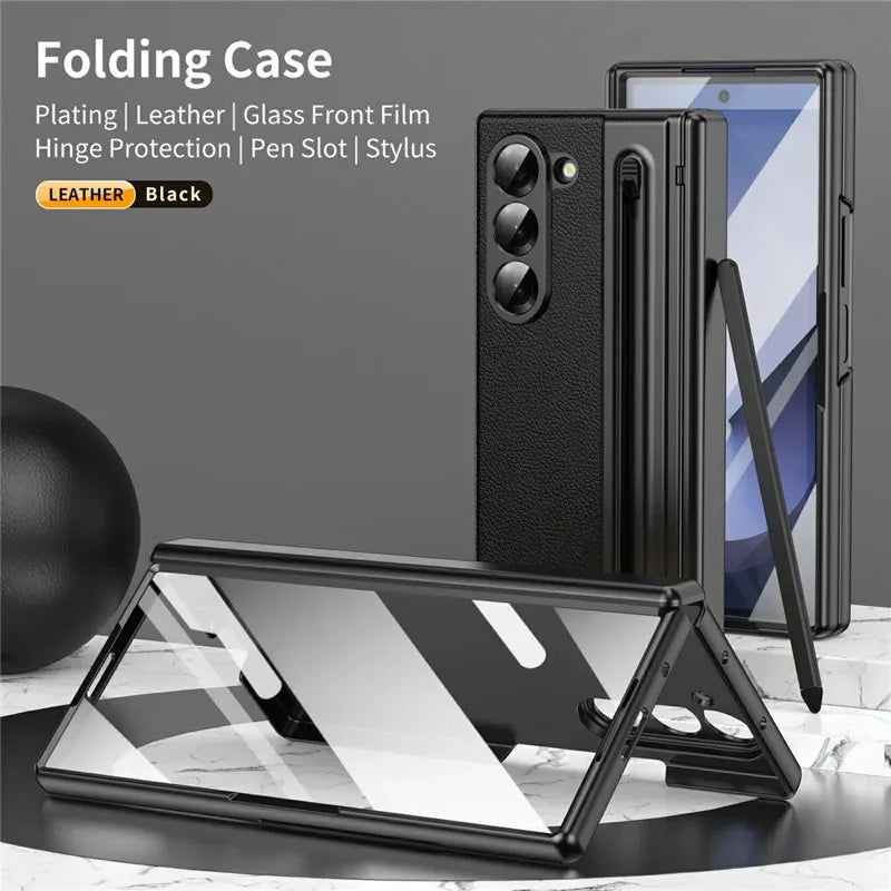 Samsung Galaxy Z Fold7 Plating Leather Case with Stylus & Glass Protection
