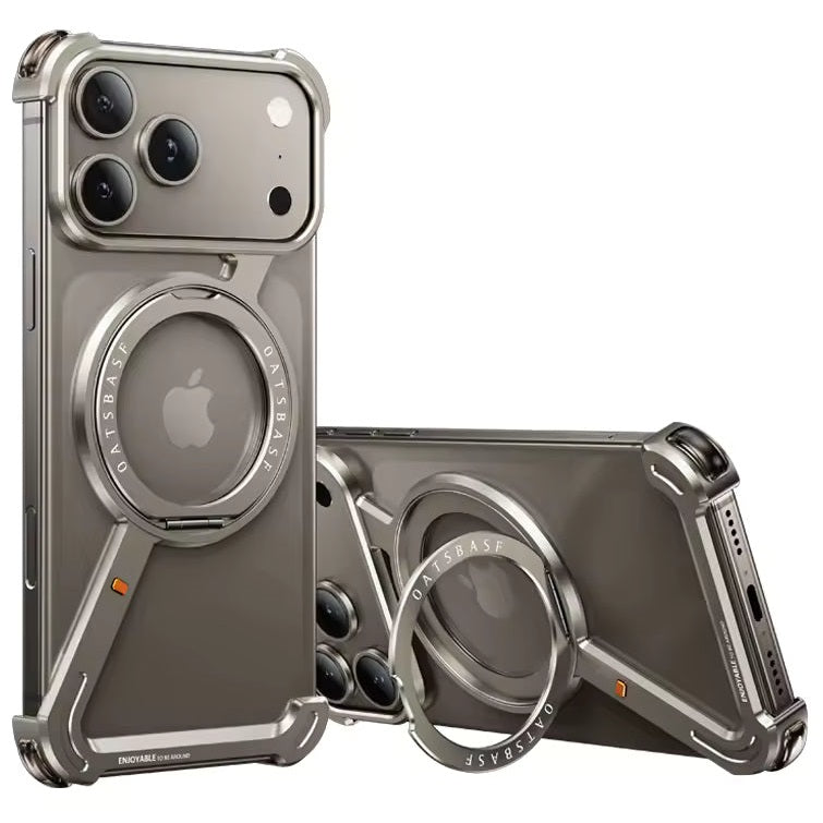 iPhone 17 Pro Z Shape Frameless Metal Bumper Case with 360° Rotatable Stand & Magsafe - Titanium