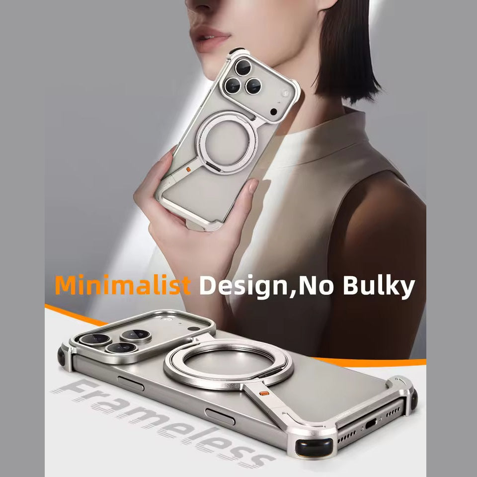 iPhone 17 Pro Z Shape Frameless Metal Bumper Case with 360° Rotatable Stand & Magsafe - Titanium