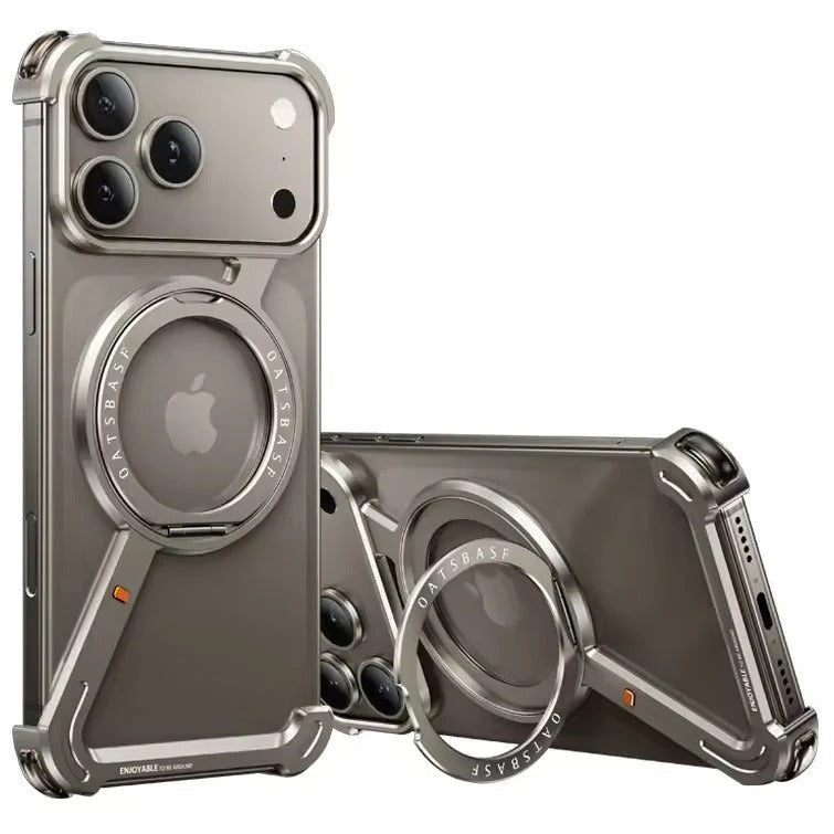 iPhone 17 Pro Max Z Shape Frameless Metal Bumper Case with 360° Rotatable Stand & Magsafe
