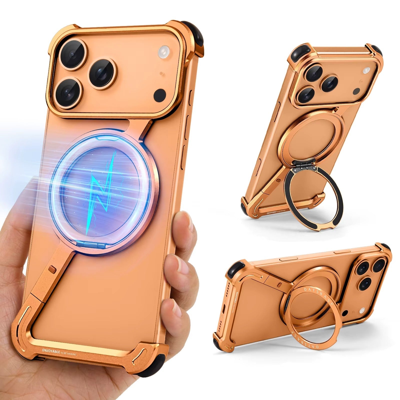 Z Shape Frameless Metal Bumper Case with 360° Rotatable Stand & Magsafe - Orange