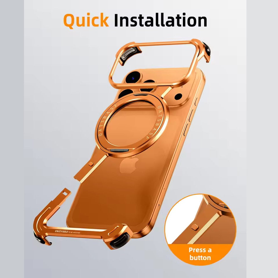 iPhone 17 Pro Max Z Shape Frameless Metal Bumper Case with 360° Rotatable Stand & Magsafe - Orange