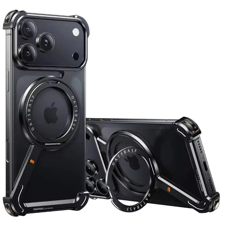 iPhone 17 Pro Max Z Shape Frameless Metal Bumper Case with 360° Rotatable Stand & Magsafe