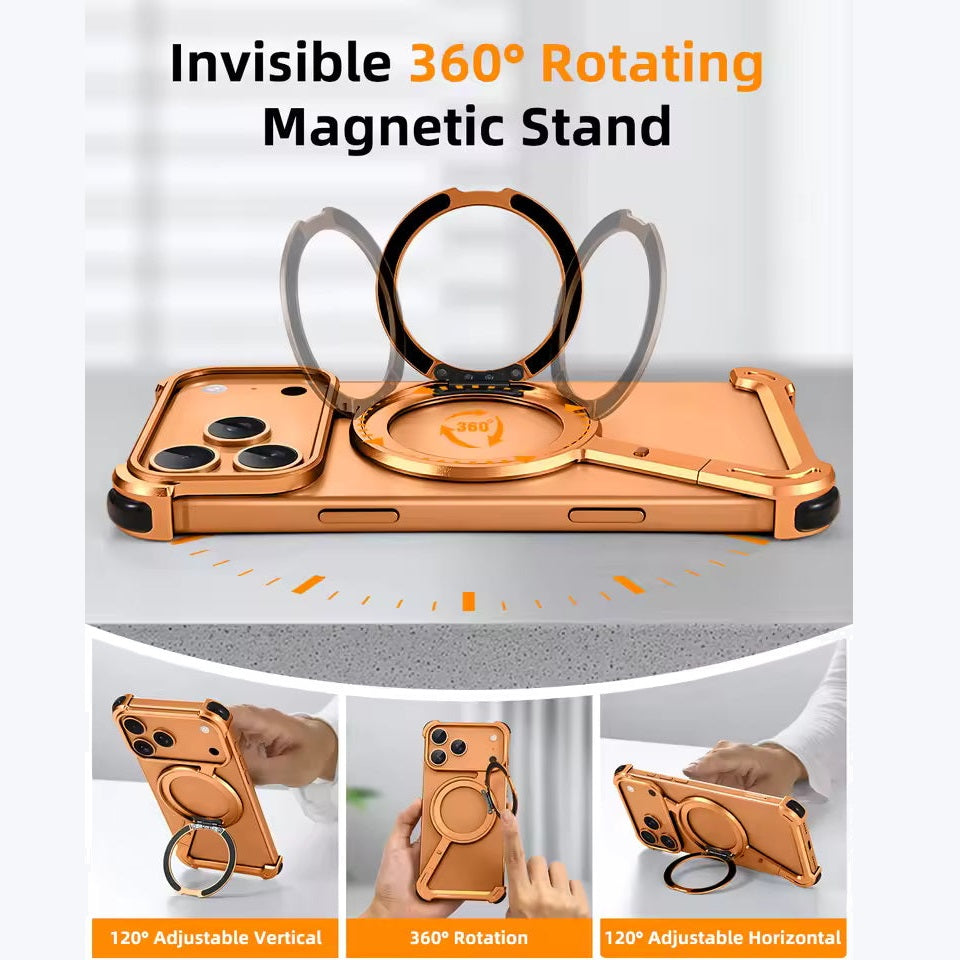 iPhone 17 Pro Max Z Shape Frameless Metal Bumper Case with 360° Rotatable Stand & Magsafe