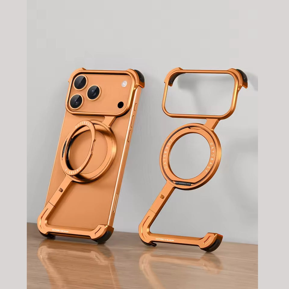 iPhone 17 Pro Max Z Shape Frameless Metal Bumper Case with 360° Rotatable Stand & Magsafe