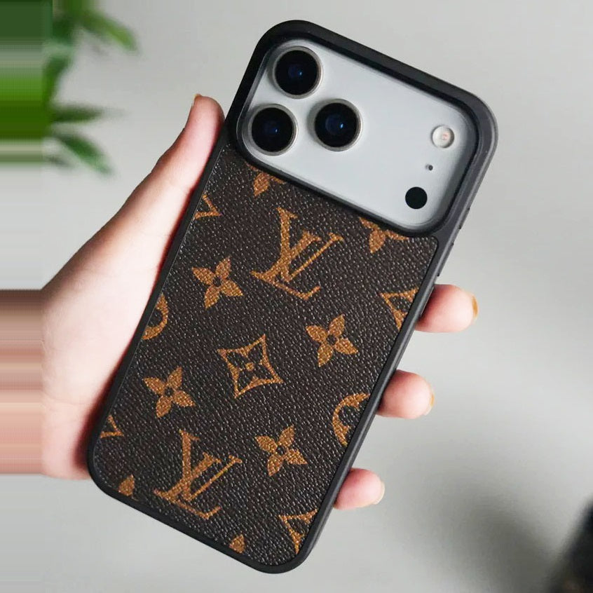 iPhone 17 Pro Luxury LV Leather Back Cover Case - Brown