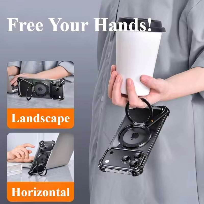 iPhone 17 Pro Max Z Shape Frameless Metal Bumper Case with 360° Rotatable Stand & Magsafe - Black