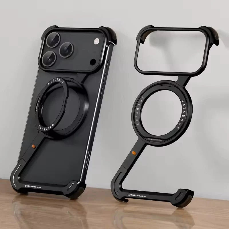iPhone 17 Pro Max Z Shape Frameless Metal Bumper Case with 360° Rotatable Stand & Magsafe