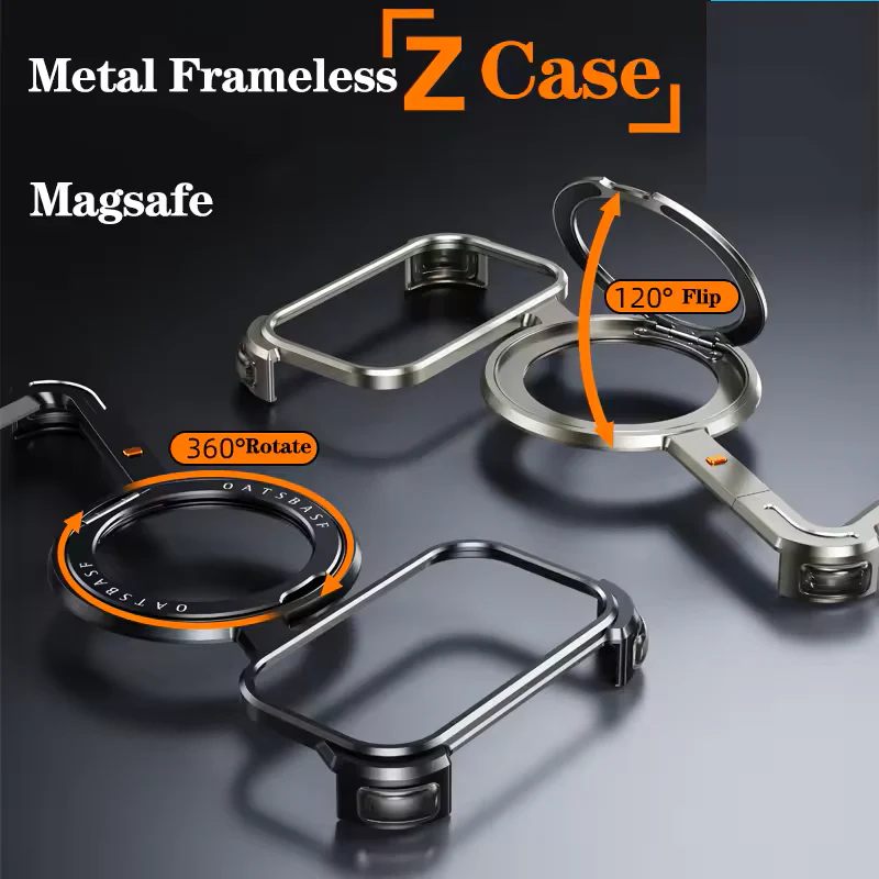 iPhone 17 Pro Z Shape Frameless Metal Bumper Case with 360° Rotatable Stand & Magsafe - Titanium