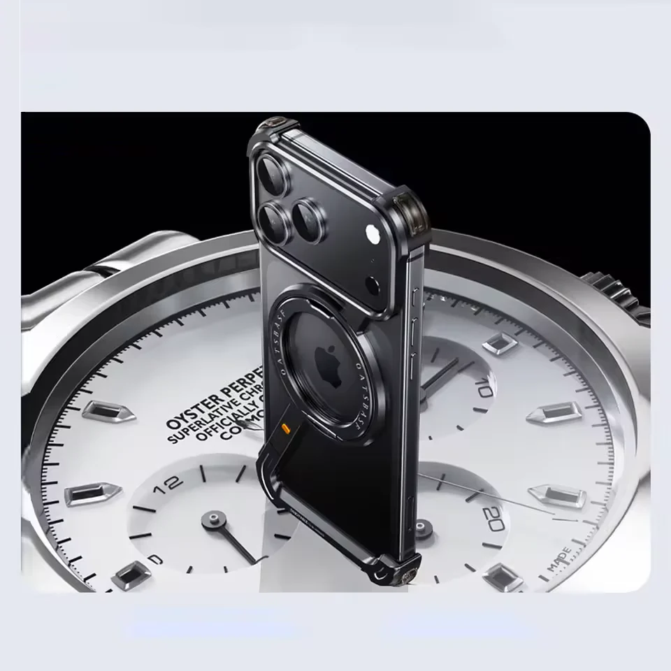 iPhone 17 Pro Z Shape Frameless Metal Bumper Case with 360° Rotatable Stand & Magsafe - Black