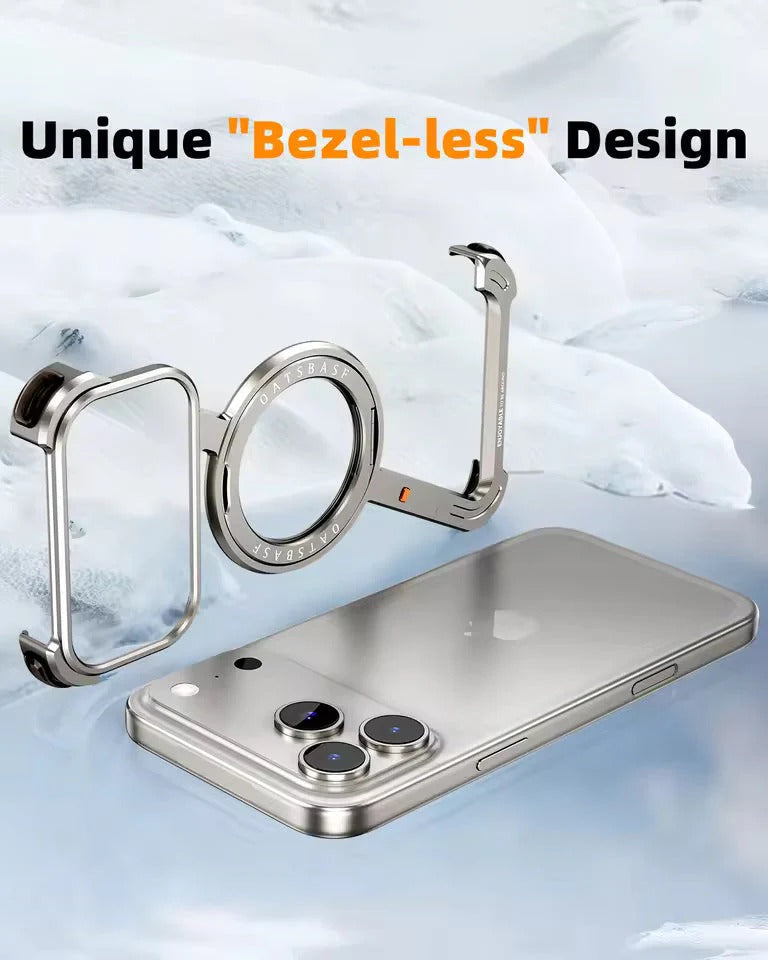 iPhone 17 Pro Z Shape Frameless Metal Bumper Case with 360° Rotatable Stand & Magsafe