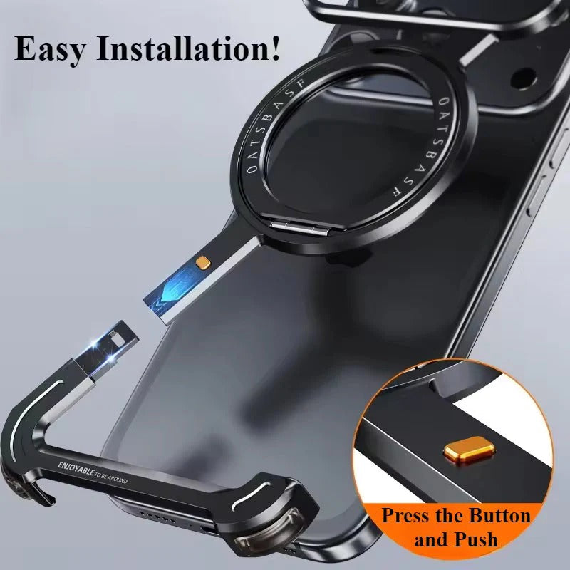 iPhone 17 Pro Max Z Shape Frameless Metal Bumper Case with 360° Rotatable Stand & Magsafe