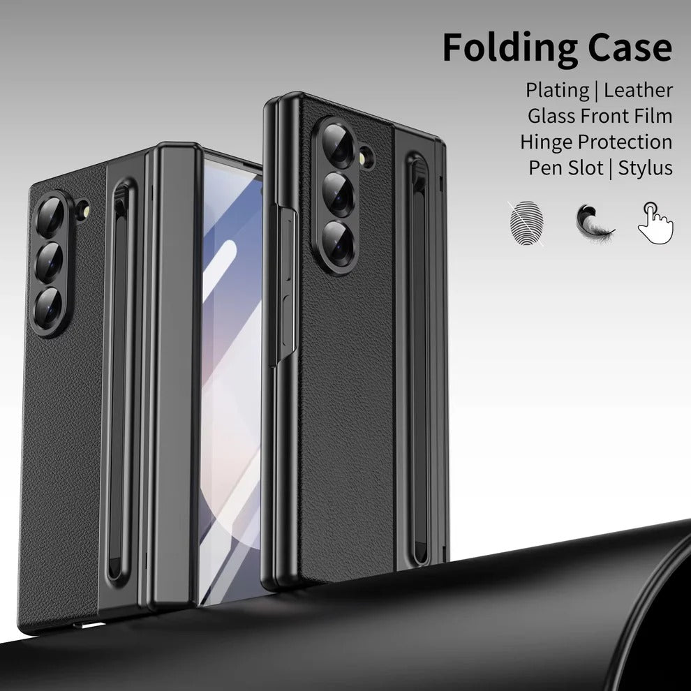 Samsung Galaxy Z Fold 6 Electroplating Leather Case with S Pen & Front Glass Protection