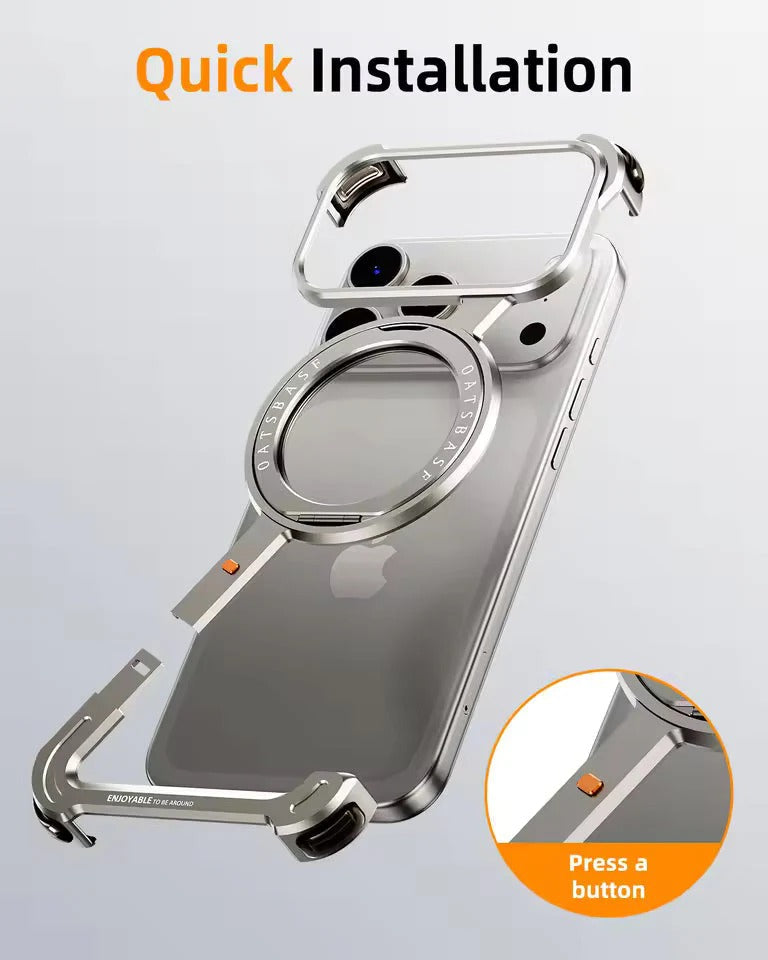 iPhone 17 Pro Z Shape Frameless Metal Bumper Case with 360° Rotatable Stand & Magsafe