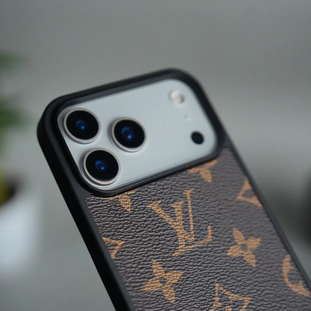 iPhone 17 Pro Luxury LV Leather Back Cover Case - Brown