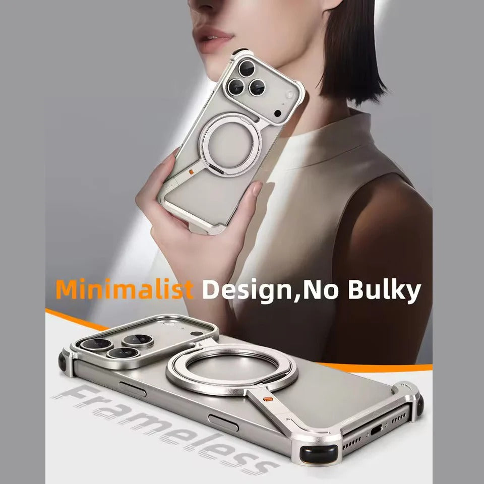 iPhone 17 Pro Z Shape Frameless Metal Bumper Case with 360° Rotatable Stand & Magsafe