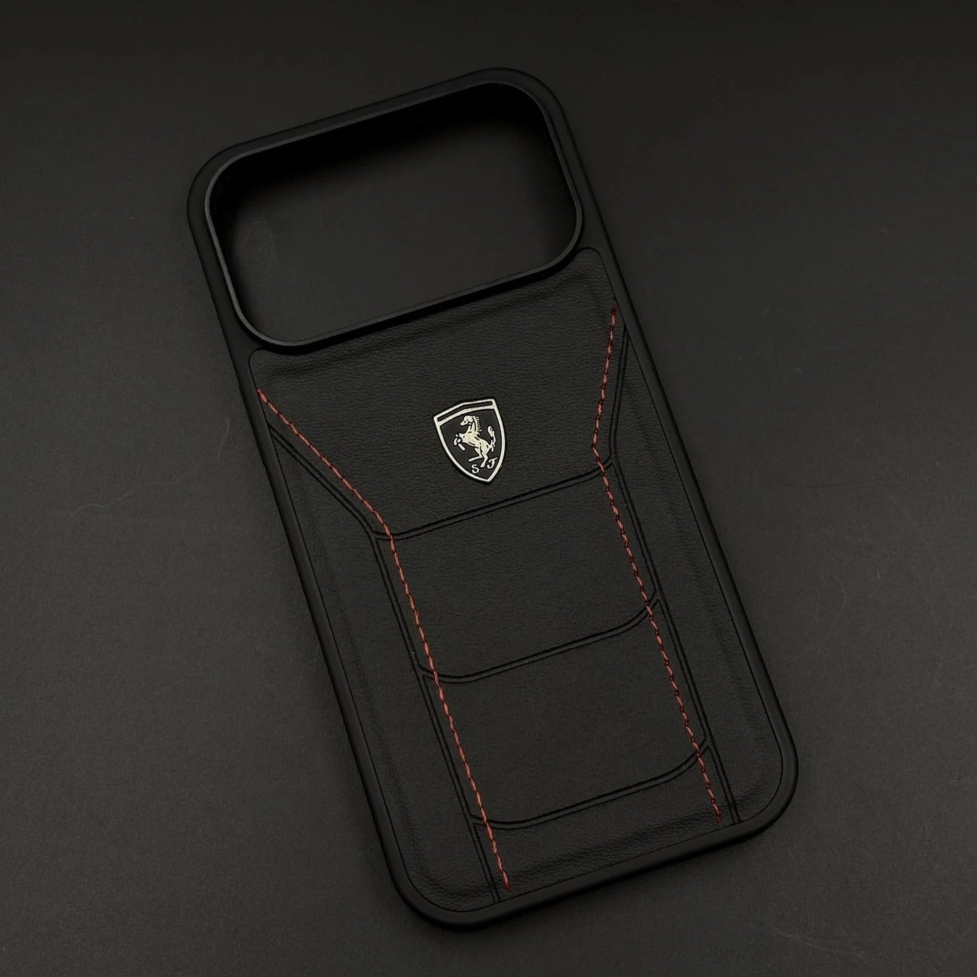 iPhone 17 Pro Max Leather Cover Ferrari Sports Stitched Leather Case - Black