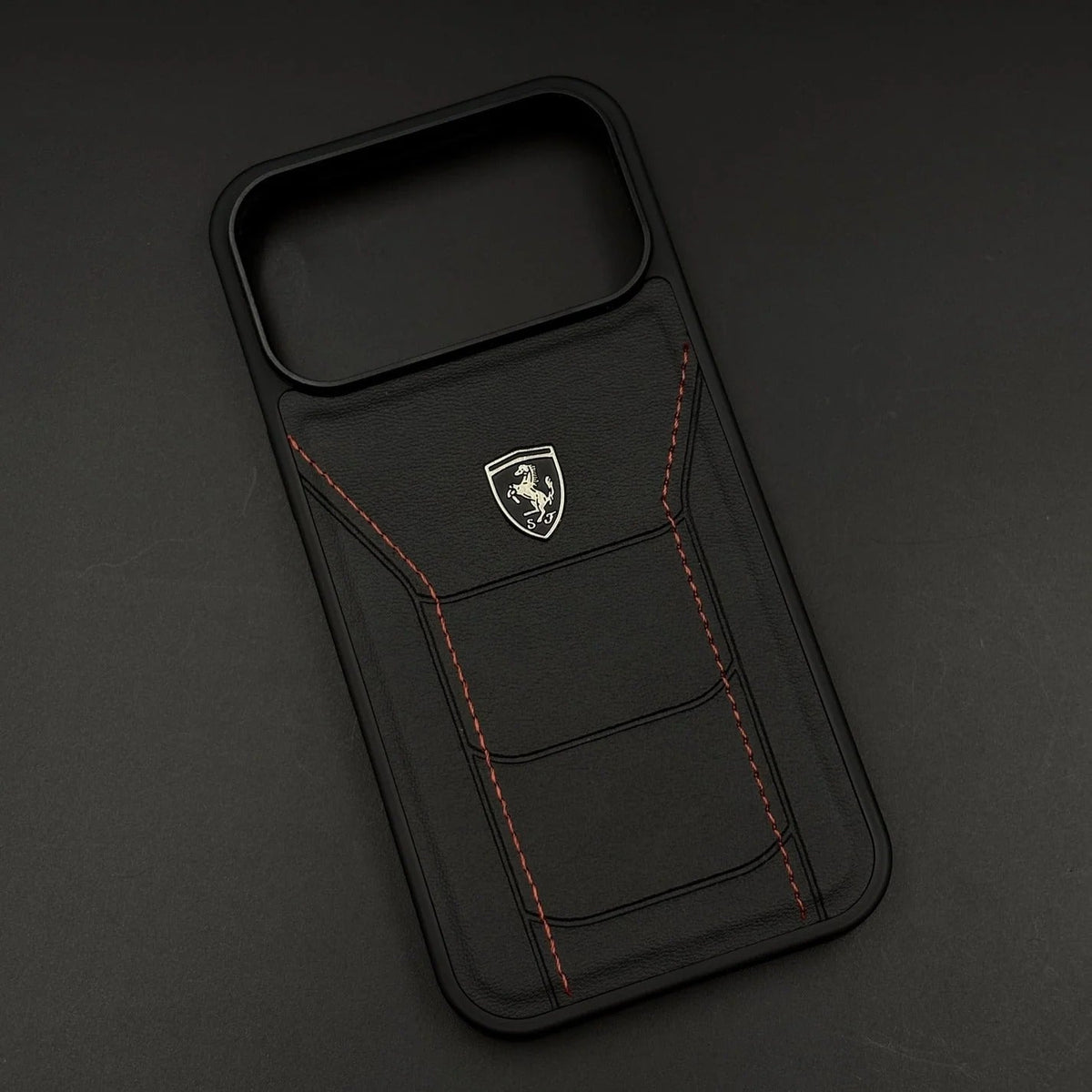 iPhone 17 Pro Leather Back Cover Ferrari Sports Stitched Leather Case - Black