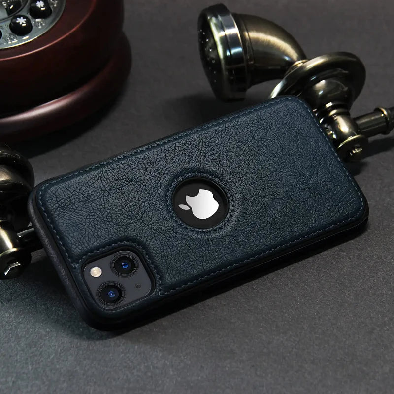 iPhone 14 Plus Classic Luxury Elegant PU Leather Case Cover with Logo Cut  - Blue