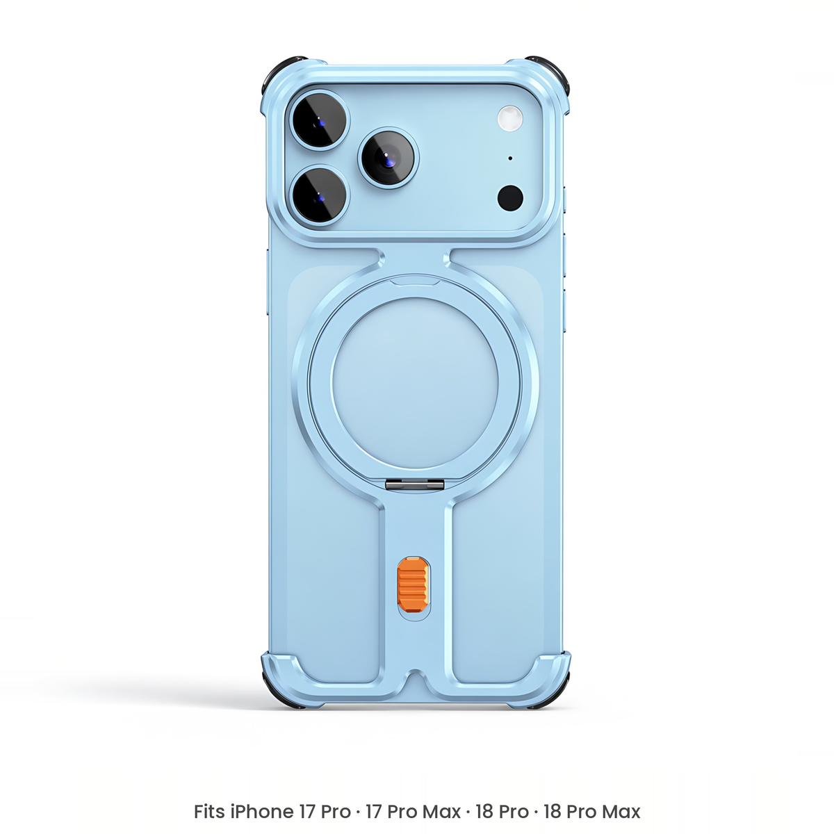 OATSBASF T-Shape Aluminium Bumper with Rotating MagSafe Stand for iPhone 18 Pro & 17 Pro Series – Light Blue
