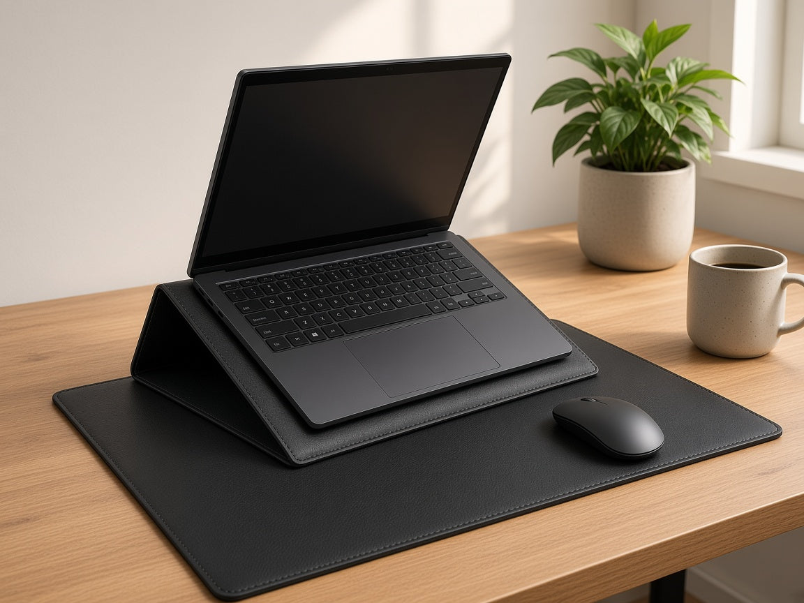 3-in-1 laptop sleeve used as laptop stand and mouse pad on a home office desk