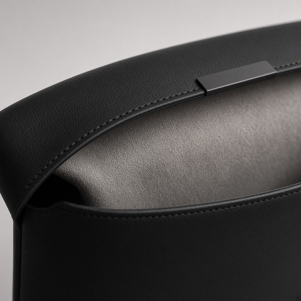 Close-up of the laptop sleeve opening, flap clasp and soft inner lining