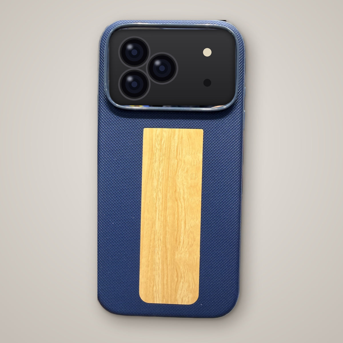 Navy Blue wood panel textured MagSafe case on iPhone, back view