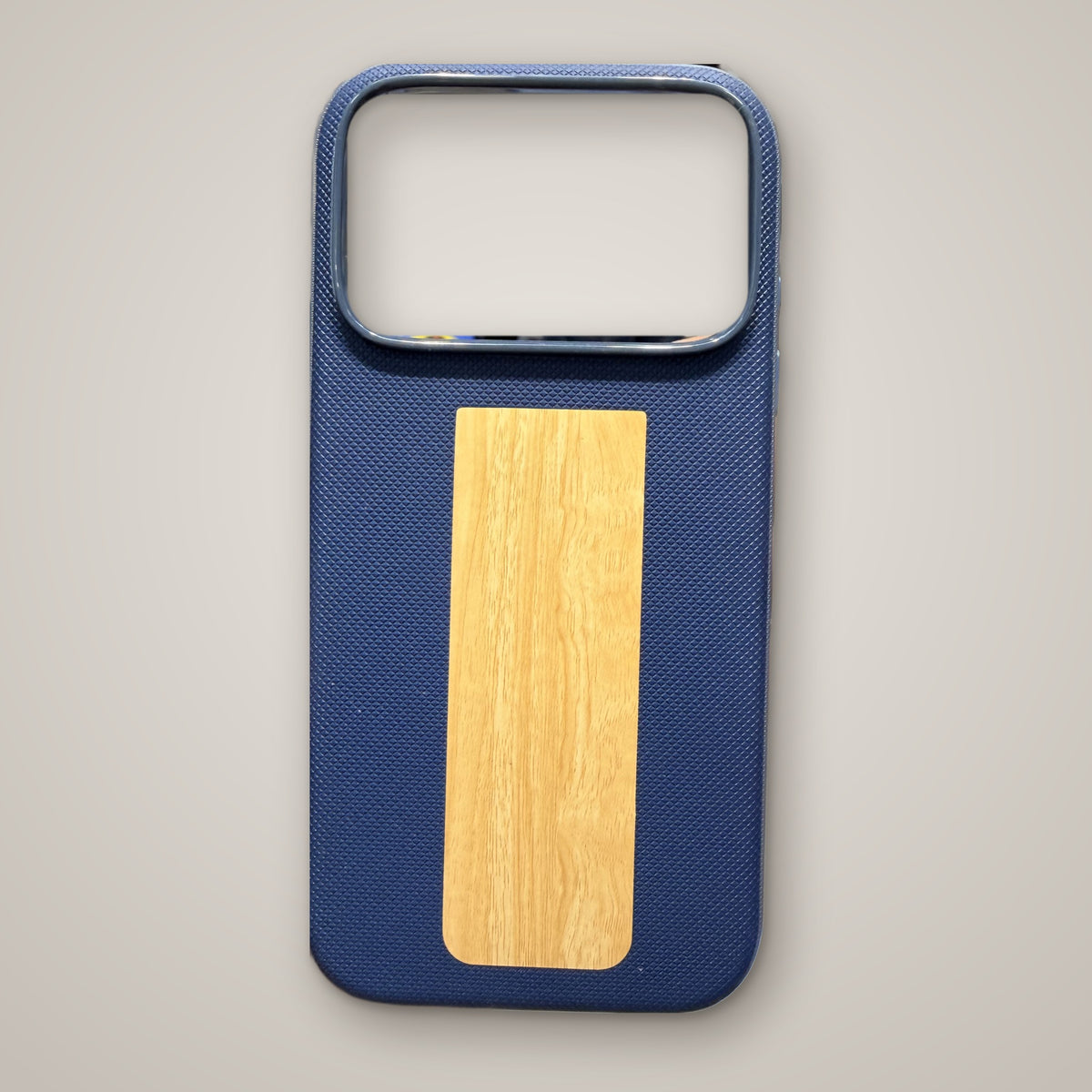 Navy Blue diamond-textured MagSafe case with wood-grain finish panel