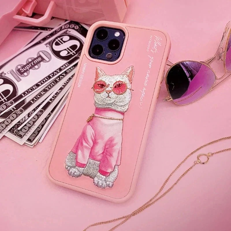 iPhone 15 Plus Nimmy Embroidery Leather Shockproof Case - Pink Cat