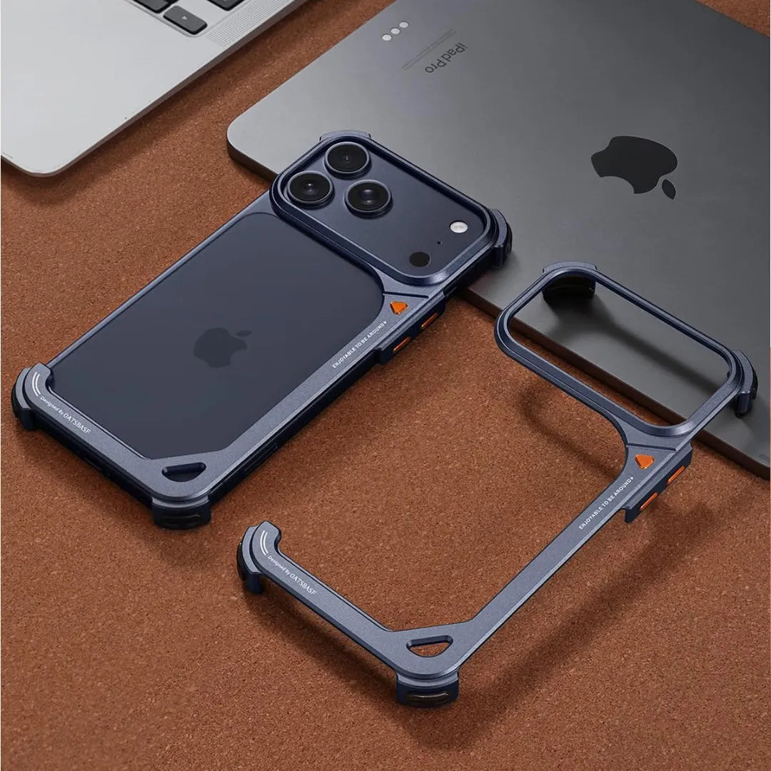 OATSBASF Frameless Aluminium Bumper with Camera Kickstand, Black, frame and phone