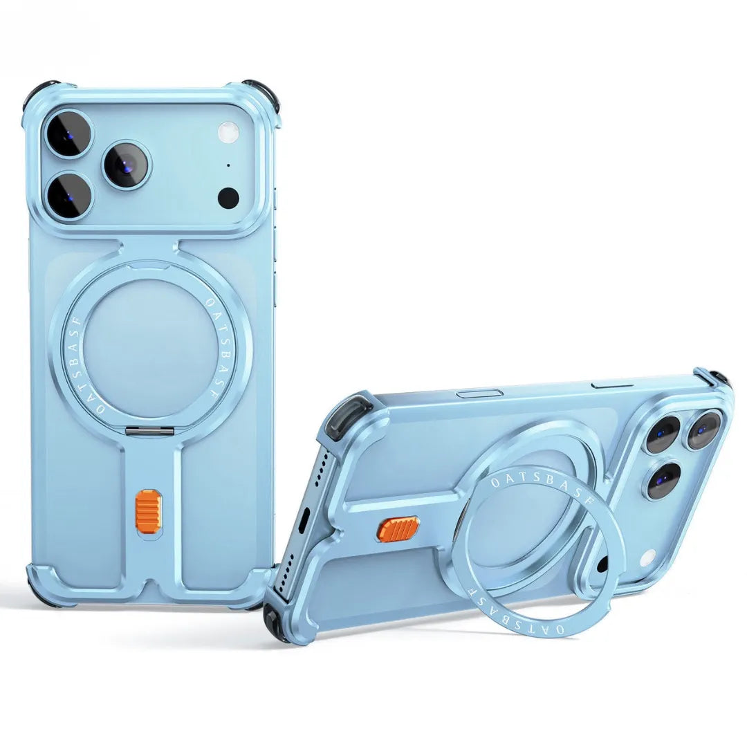 OATSBASF T-Shape Aluminium Bumper with Rotating MagSafe Stand, Light Blue, with stand open