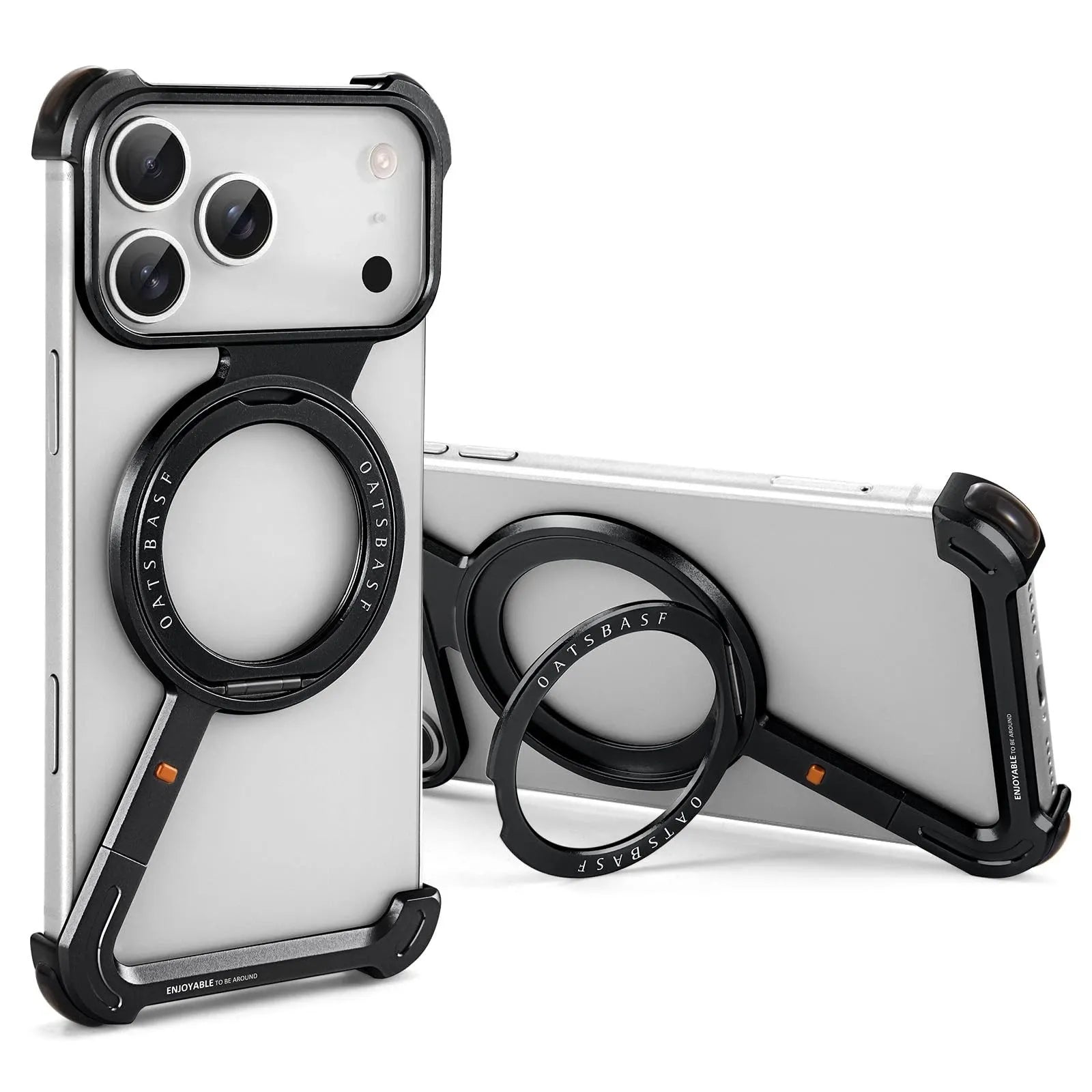 OATSBASF Z-Shape Aluminium Bumper with MagSafe Kickstand, Black, with stand open