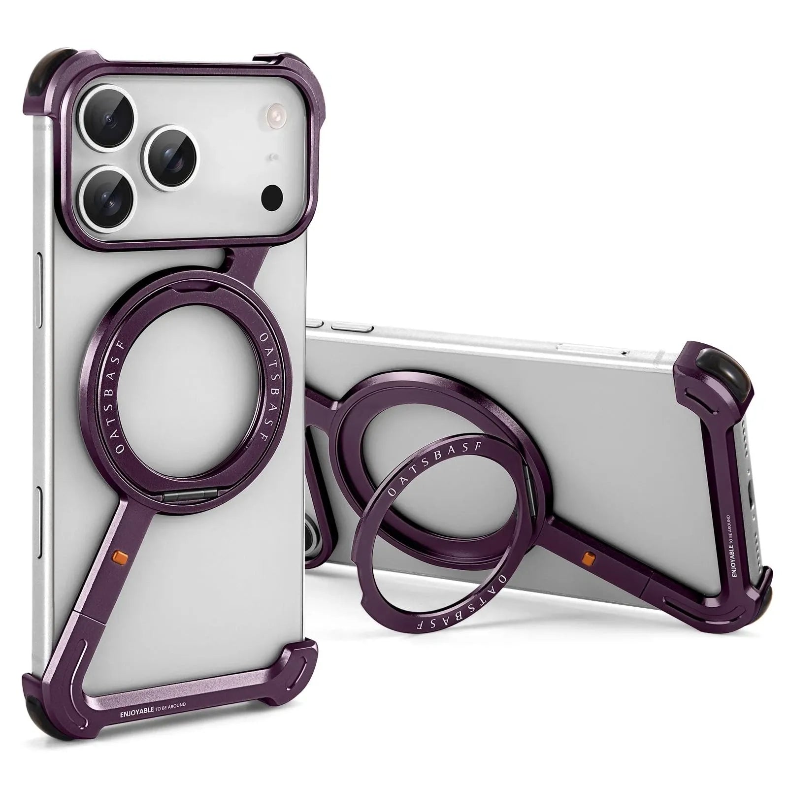 OATSBASF Z-Shape Aluminium Bumper with MagSafe Kickstand, Burgundy, with stand open
