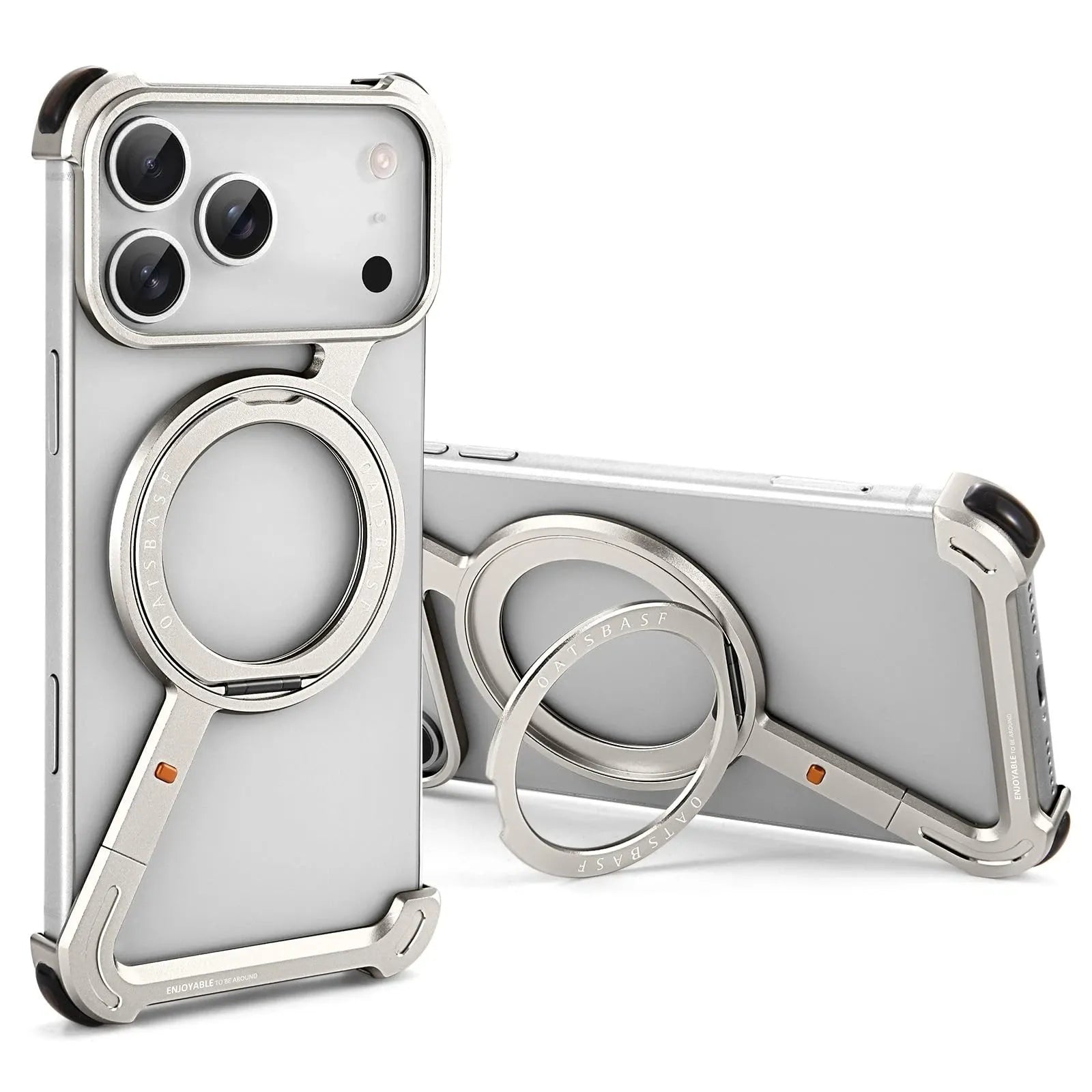 OATSBASF Z-Shape Aluminium Bumper with MagSafe Kickstand, Silver, with stand open