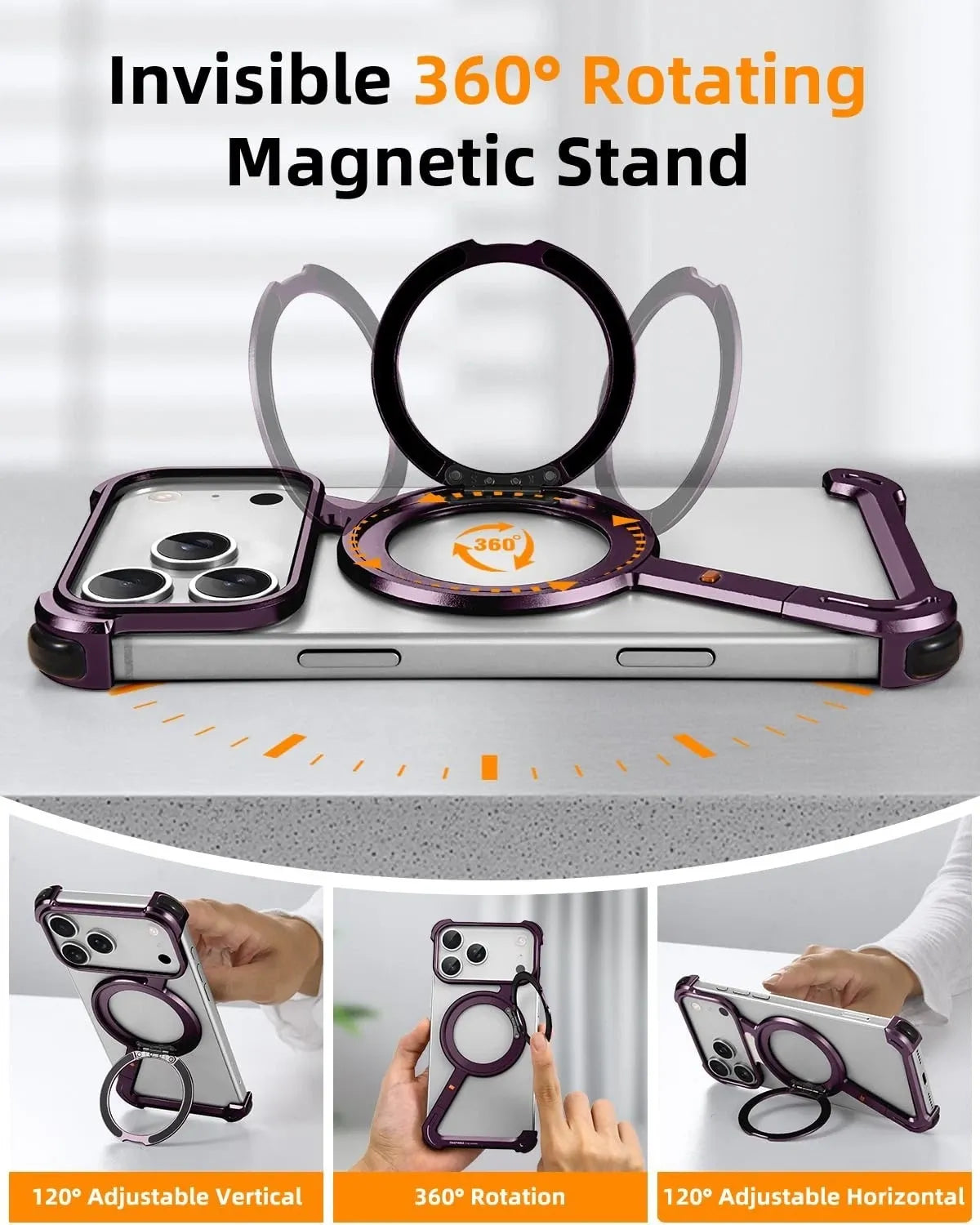 OATSBASF Z-Shape Aluminium Bumper with MagSafe Kickstand, 360° rotating magnetic stand