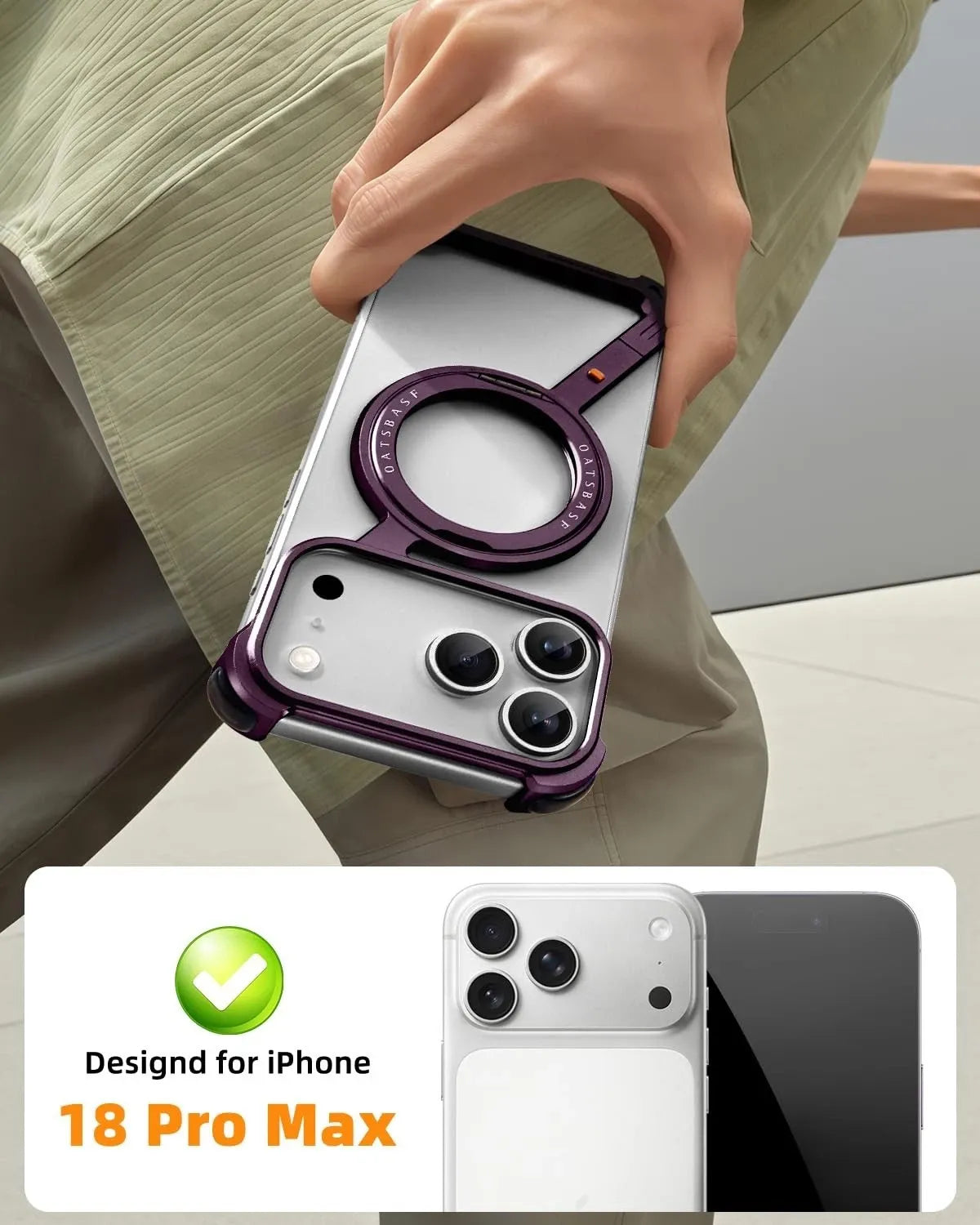 OATSBASF Z-Shape Aluminium Bumper with MagSafe Kickstand, in hand