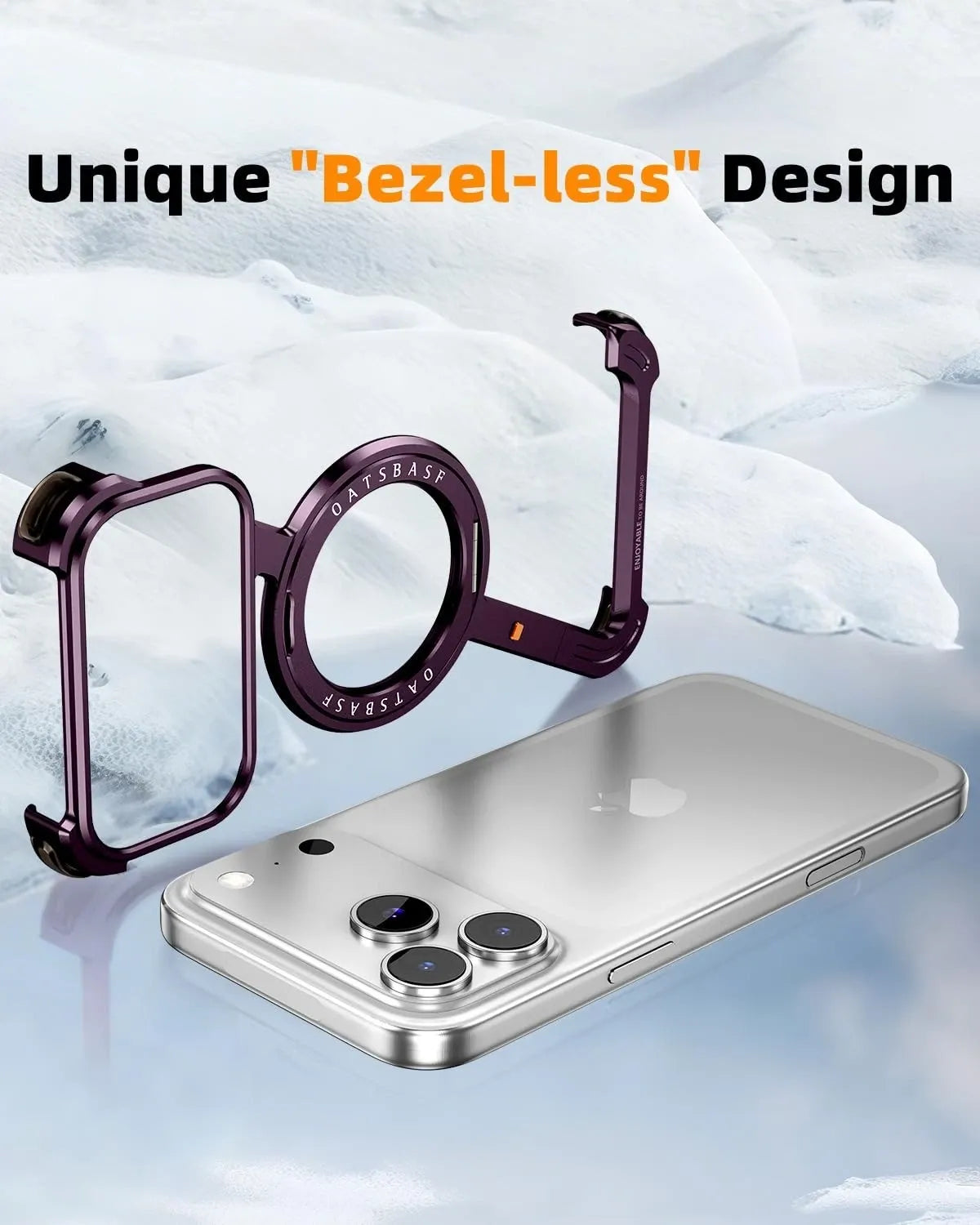 OATSBASF Z-Shape Aluminium Bumper with MagSafe Kickstand, bezel-less design