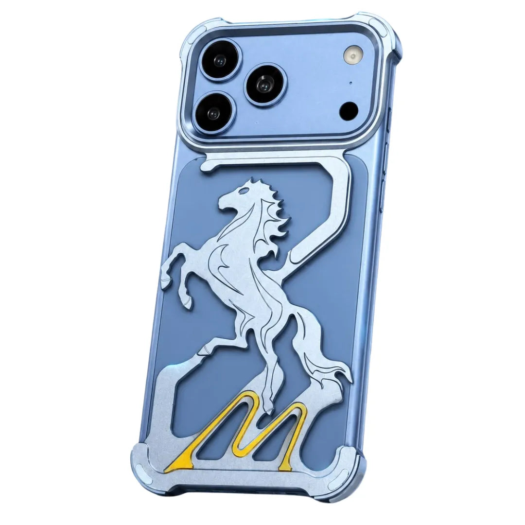 Pegasus Horse Hollow-Cut Aluminium Case, Light Blue, front and back view