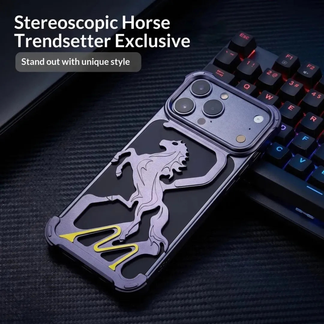 Pegasus Horse Hollow-Cut Aluminium Case, raised horse design close-up