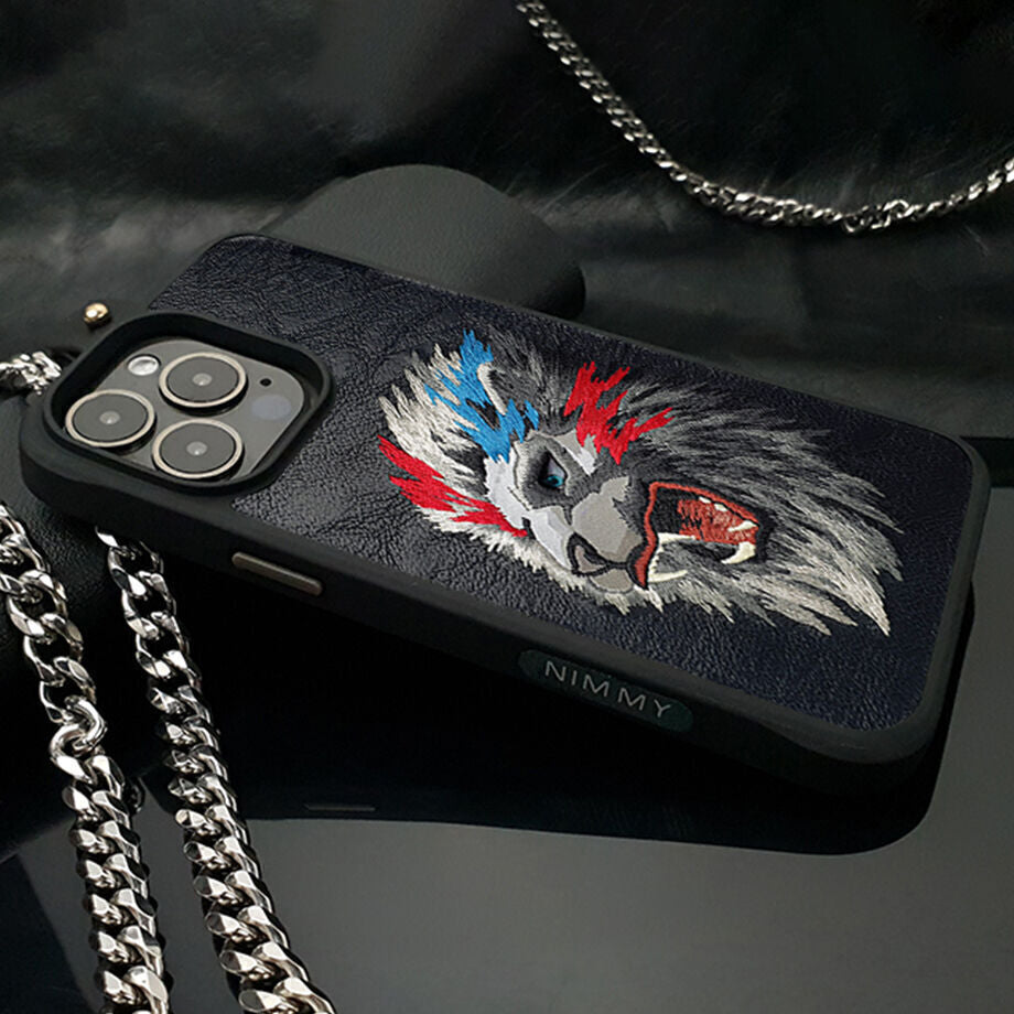 iPhone 15 Nimmy Embroidery Leather Shockproof Dazzling Series - Lion