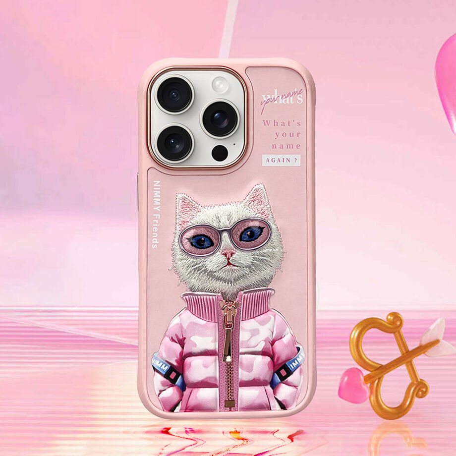 iPhone 16 Pro Nimmy Embroidery Jacket Series Back Cover - Pink Cat